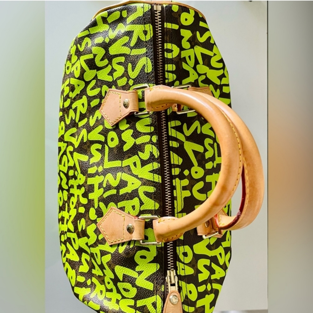 LOUIS VUITTON X Stephen Spriuse Monogram Graffiti Speedy 30 neon green LV bag - Picture 4 of 16